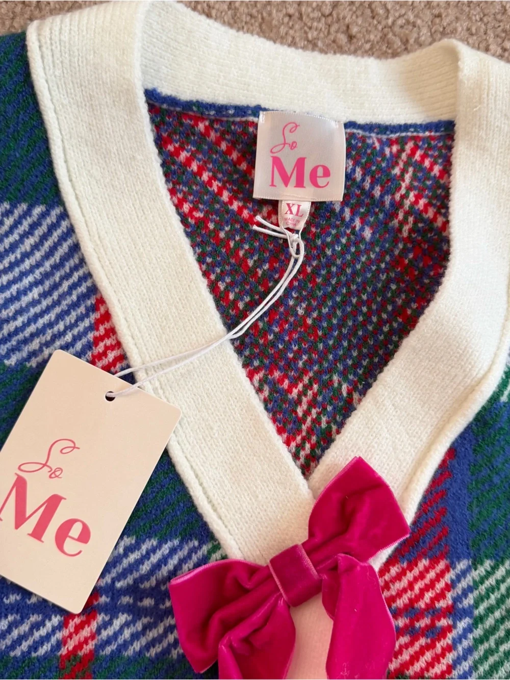 So Me Green Blue Red Plaid V-Neck cardigan Sweater with Pink Bows - Picture 2 of 5